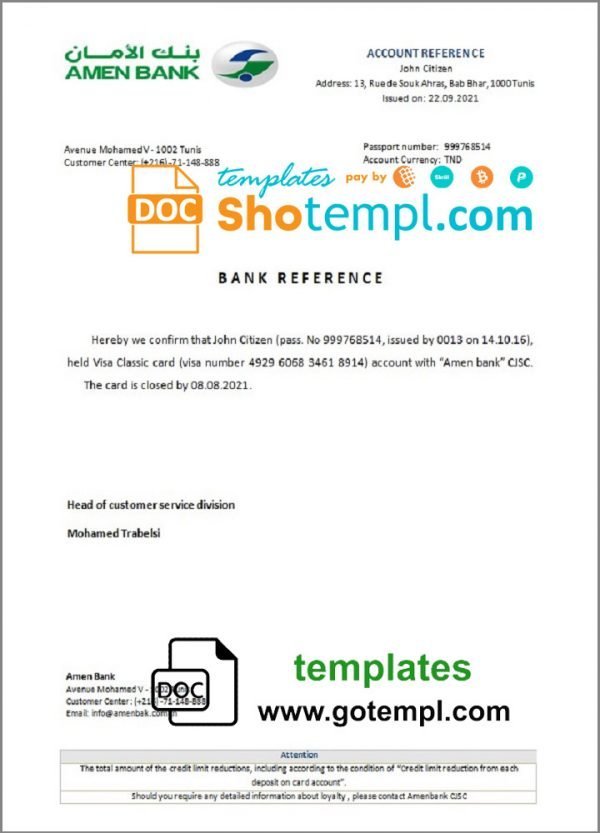 Tunisia Amen bank account closure reference letter template in Word and PDF format