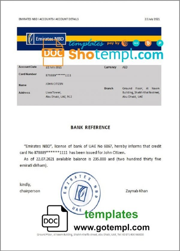 UAE Emirates NBD bank account balance reference letter template in Word and PDF format