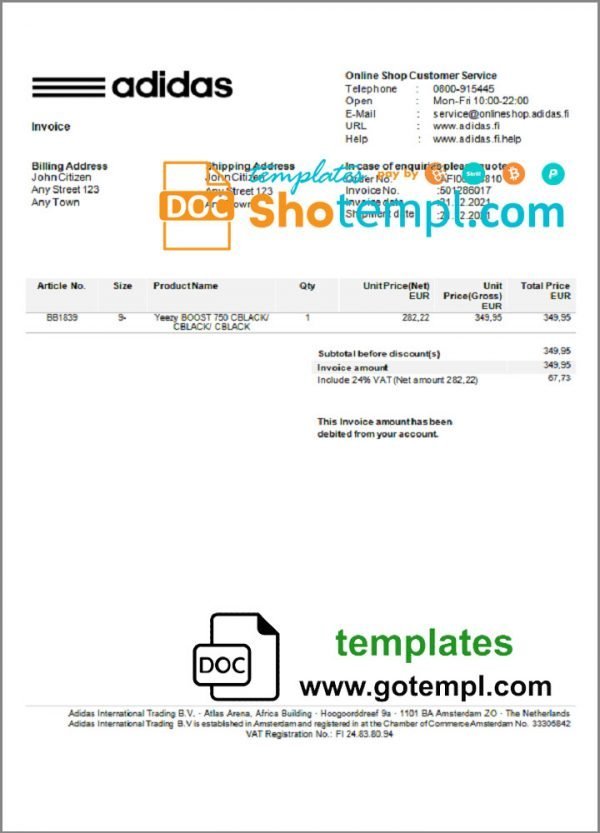 USA Adidas invoice template in Word and PDF format, fully editable