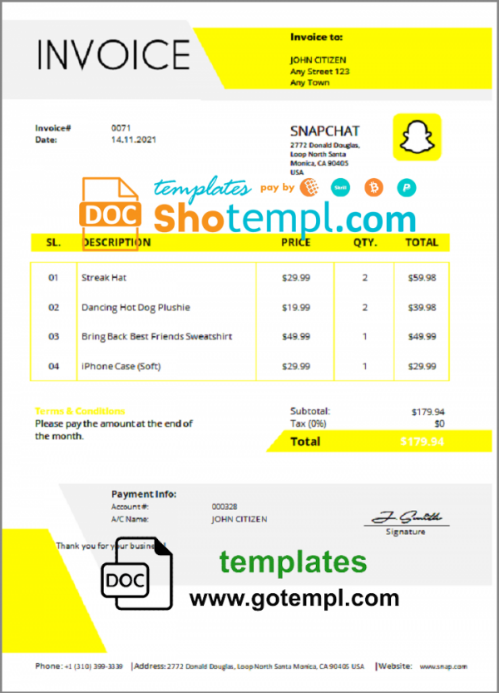 USA Snapchat invoice template in Word and PDF format, fully editable