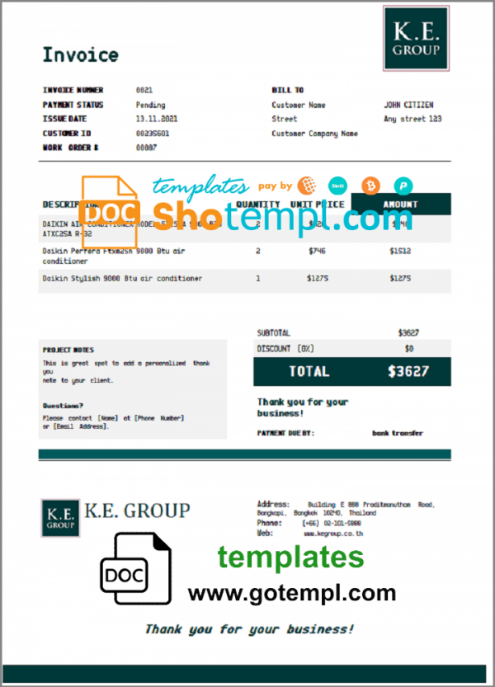 USA KE Group invoice template in Word and PDF format, fully editable