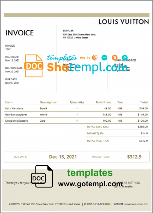 USA Louis Vuitton invoice template in Word and PDF format, fully editable