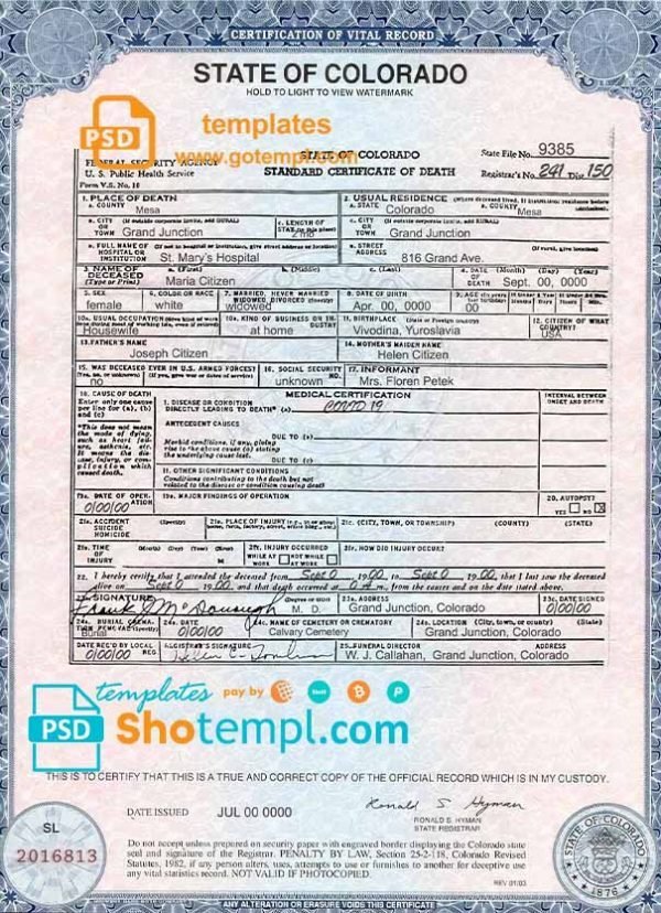 USA Colorado state death certificate template in PSD format, fully editable