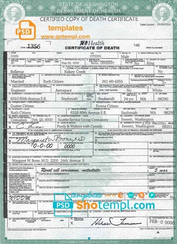 USA Washington state death certificate template in PSD format, fully editable, version 2