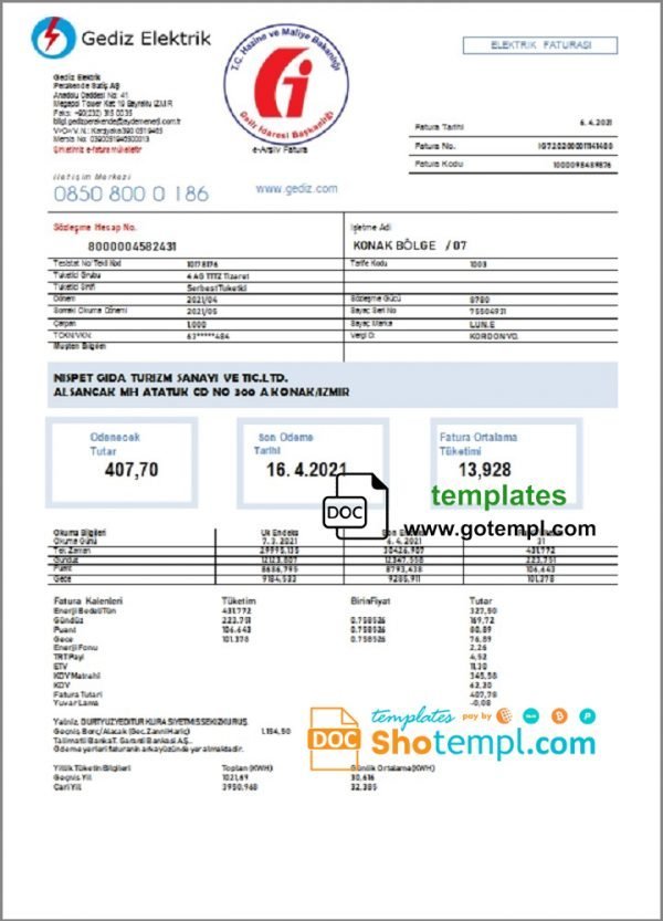 Turkey Gediz Elektrik utility bill template in Word and PDF format, fully editable