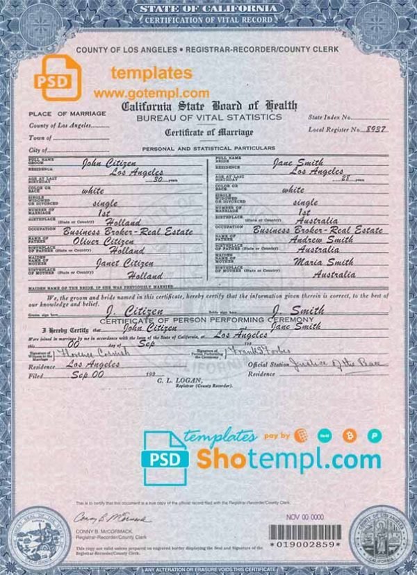 USA California marriage certificate template in PSD format