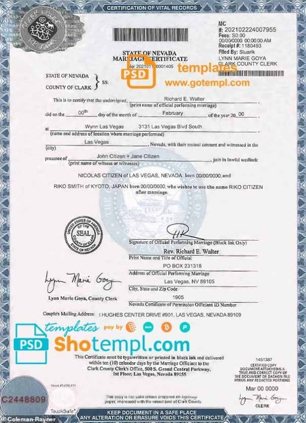 USA Nevada state marriage certificate template in PSD format, fully editable