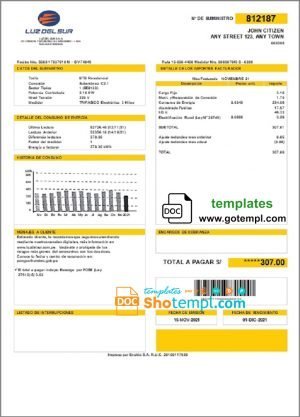 Peru Luz de Sur utility bill template in Word and PDF format, fully editable
