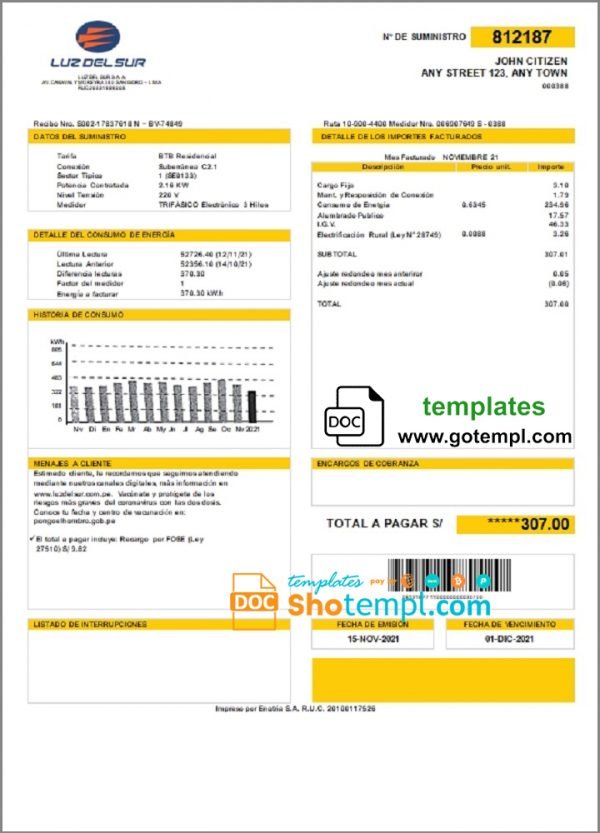 Peru Luz de Sur utility bill template in Word and PDF format, fully editable