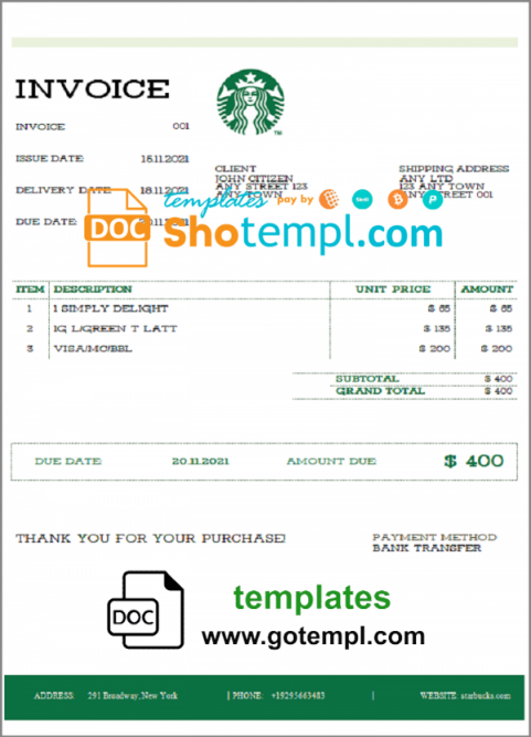 USA Starbucks invoice template in Word and PDF format, fully editable