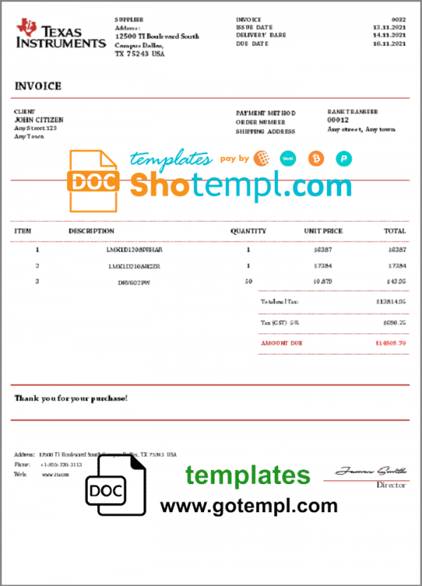 USA Texas Instruments invoice template in Word and PDF format, fully editable