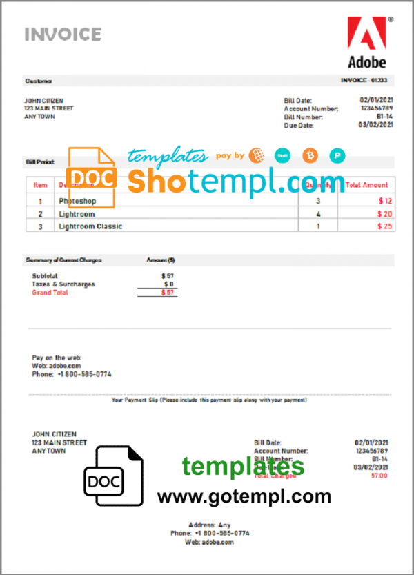 USA Adobe invoice template in Word and PDF format, fully editable