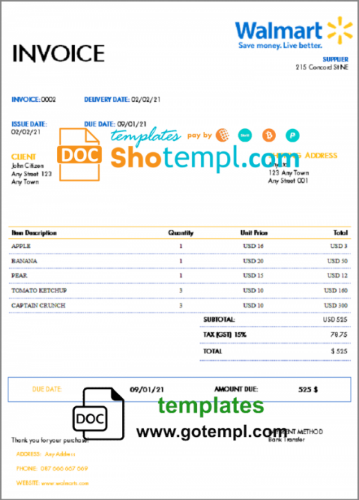 USA Walmart invoice template in Word and PDF format, fully editable