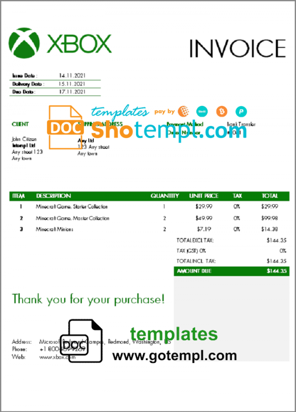 USA Xbox invoice template in Word and PDF format, fully editable