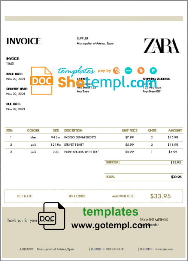 USA ZARA invoice template in Word and PDF (.doc and .pdf) format