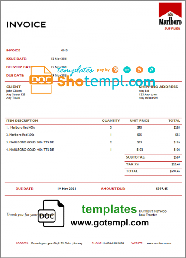 USA Marlboro invoice template in Word and PDF format, fully editable