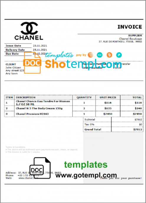 USA Chanel invoice template in Word and PDF format, fully editable