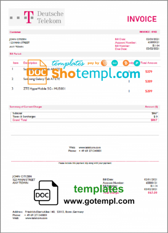 USA Deutsche Telecom invoice template in Word and PDF format, fully editable