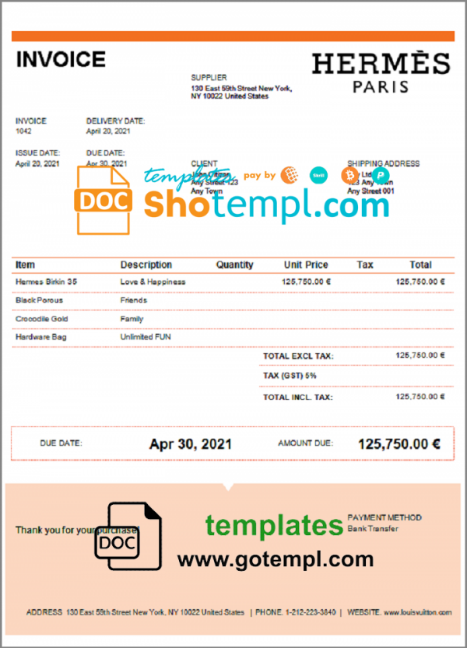 USA Hermes invoice template in Word and PDF format, fully editable