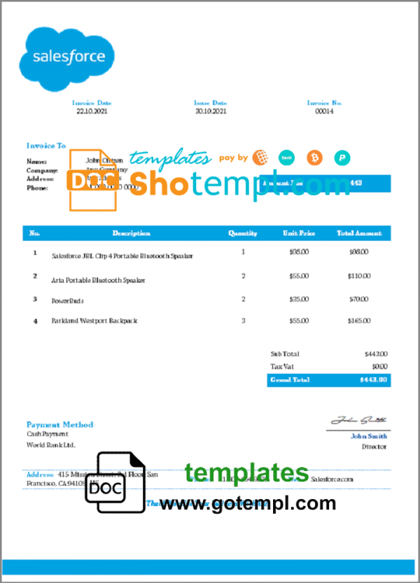 USA Salesforce invoice template in Word and PDF format, fully editable