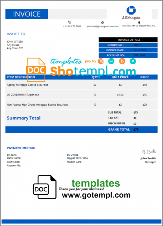 USA JP Morgan invoice template in Word and PDF format, fully editable