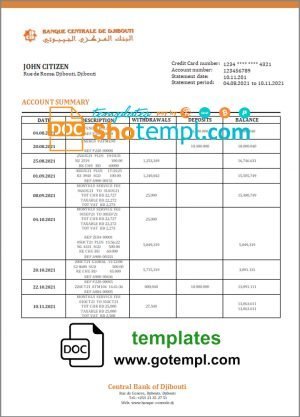 Djibouti Central Bank of Djibouti bank statement template in Word and PDF format