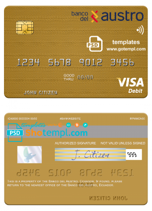 Ecuador Banco del Austro visa debit card mastercard template in PSD format