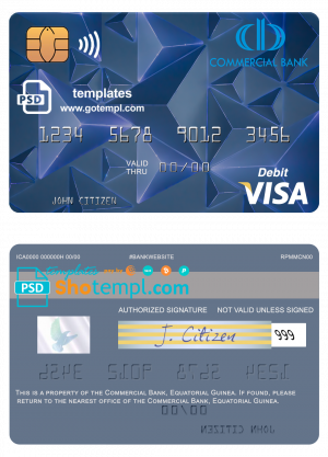 Equatorial Guinea Commerical bank Guinee Equatoriale visa debit card template in PSD format