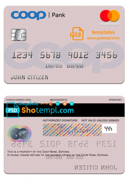 Estonia Coop Pank mastercard credit card template in PSD format