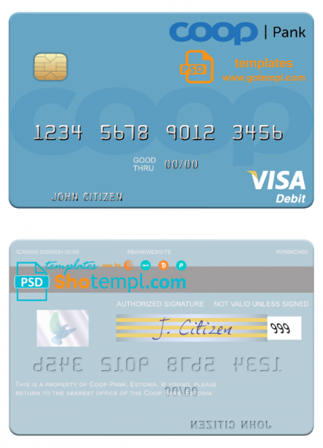 Estonia Coop Pank visa debit credit card template in PSD format