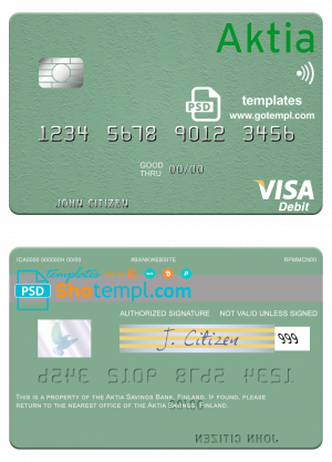 Finland Aktia Savings Bank visa debit card template in PSD format, fully editable