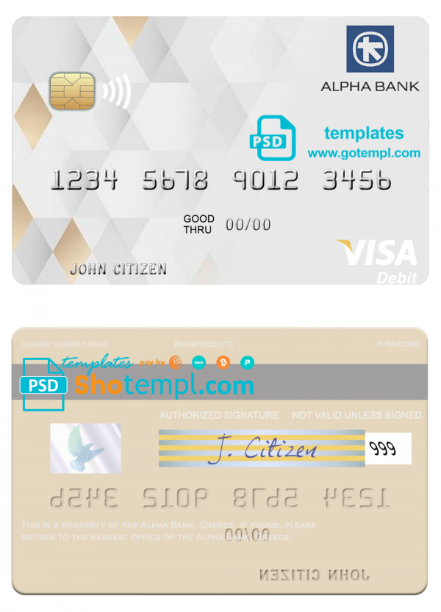 Greece Alpha Bank visa debit card template in PSD format