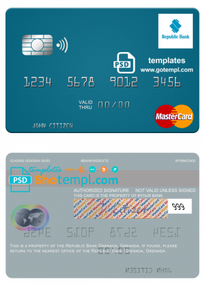 Grenada Republic Bank mastercard fully editable template in PSD format