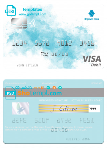 Grenada Republic Bank visa card fully editable template in PSD format