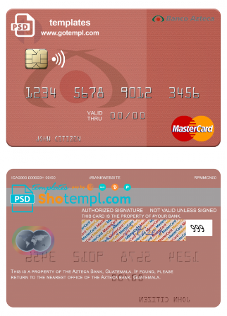 Guatemala Azteca Bank mastercard fully editable template in PSD format