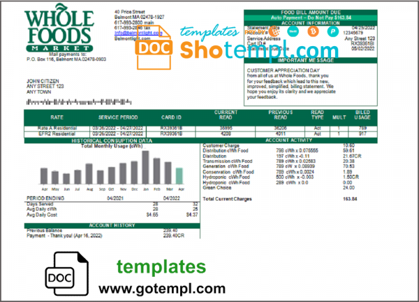 USA Whole Foods Market utility bill template in Word and PDF format