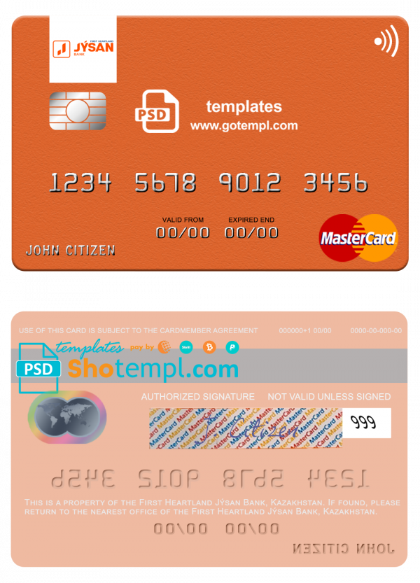 Kazakhstan First Heartland Jýsan Bank mastercard fully editable template in PSD format