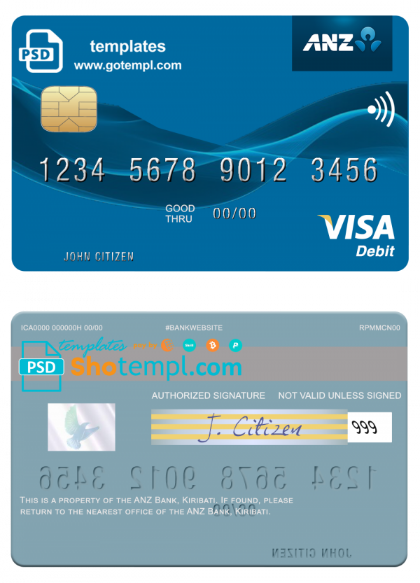 Kiribati ANZ Bank visa card fully editable template in PSD format