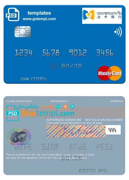 Laos Lao China Bank mastercard fully editable template in PSD format