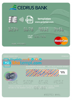 Lebanon Cedrus Bank mastercard fully editable credit card template in PSD format