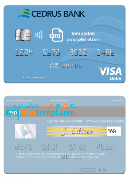 Lebanon Cedrus Bank visa card fully editable template in PSD format