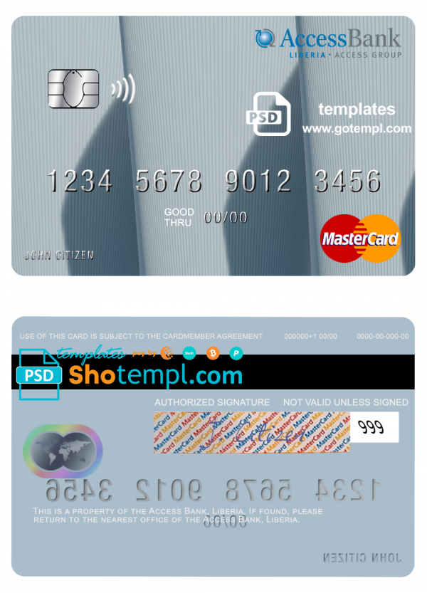 Liberia Access Bank mastercard fully editable template in PSD format