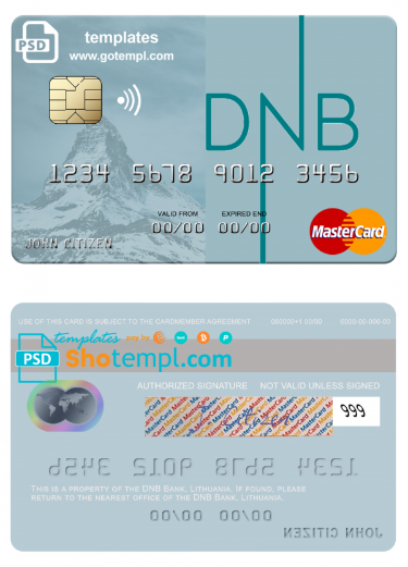 Lithuania DNB Bank mastercard fully editable credit card template in PSD format