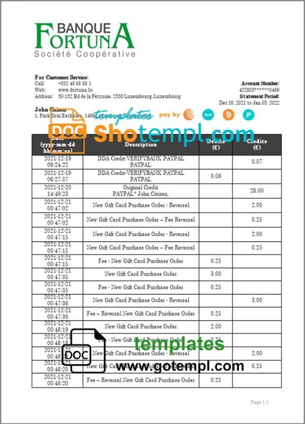 Luxembourg Fortuna Banque bank proof of address statement template in Word and PDF format, .doc and .pdf format