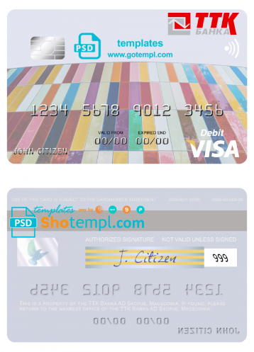 Macedonia TTK Banka AD Skopje visa card fully editable template in PSD format
