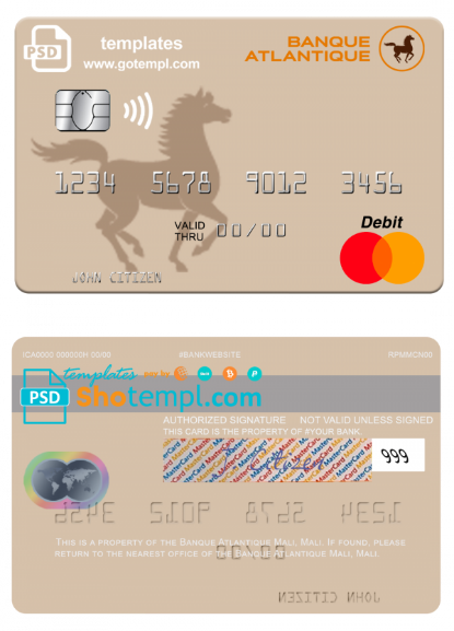 Mali Banque Atlantique mastercard credit card template in PSD format