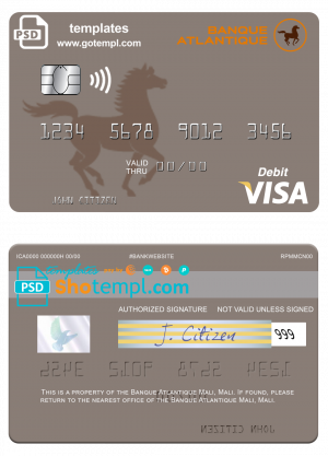 Mali Banque Atlantique visa credit card template in PSD format