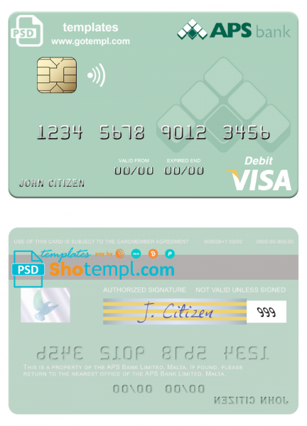 Malta APS Bank Limited visa card fully editable template in PSD format