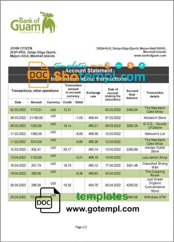 Marshall Islands Bank of Guam bank statement template in Word and PDF format