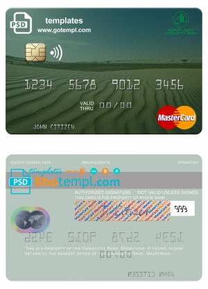 Mauritania Chinguitty Bank mastercard credit card template in PSD format